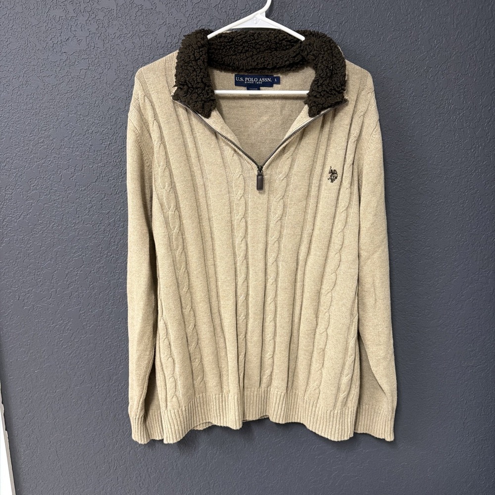 U.S. POLO ASSN large 1/4 Zipper Pull Over Sweater Rope Pattern Faux Fur Collar